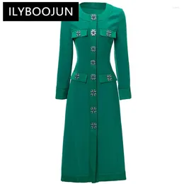 Casual Dresses ILYBOOJUN 2024 Autumn Winter Elegant Pretty Dress Women's Long Sleeve Splice Single-breasted Nail Bead Pockets Party