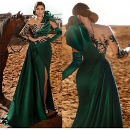 Size Aso Ebi Arabic Plus Green Mermaid Lace Prom Dresses Beaded Sheer Neck High Split Evening Formal Party Second Reception Gowns Zj463