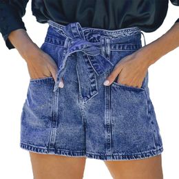 Women's Shorts Spring Summer Dark Blue Mini Women Slim Fit Belted Strappy Retro Pencil Female Multi Pockets Casual Denim