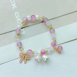 Strand Handmade Colorful Beads White Flower Bracelet For Women Charm Bow Lily Of The Valley Pendant Friendship Jewelry Gift