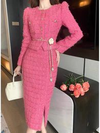 Rose-pink Suit WomenS Fashion Casual JacketSplit Mid Skirt Light Luxury Small Fragrance Tweed Two-Piece Set 240425