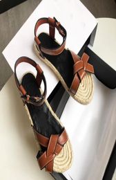 Summer Retro Flower Straw Rome Sandals Femal Leather Ankle Strap Bowtie Flat Sandals Lady Holidays Tie Casual Comfortable Sandals9228799