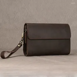 Wallets Top Layer Genuine Leather Men Clutch Bag Double Interlayer Zipper Pocket Big Male Hand Business Long Purse
