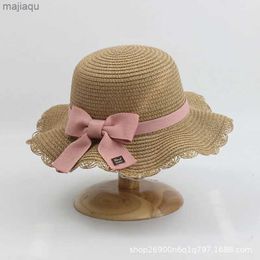 Caps Hats Childrens Summer Straw Hat Girls Beach Hat Travel Sun Protection Childrens Spray Eyes Bow Knot Outdoor Sun Fisherman Hatl240429