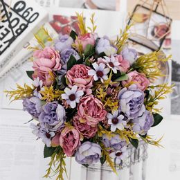 Dried Flowers Autumn Artificial Peony Flowers Pink Fake Silk Bride Bouquet Vase For Wedding Decoration Home Room Christmas DIY Natural Plants