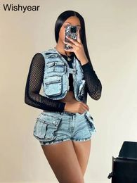 Sexy Denim Cargo Multi Pockets Zipper Sleeveless Vest Jackets Crop Tops And Shorts Women Two Piece Set Street Stretch Jeans Suit 240425