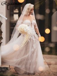 Glitter Crystal Illusion Long Sleeve A-Line Wedding Dresses Open Back Appliques Lace Bridal Gowns Robe De Mariee