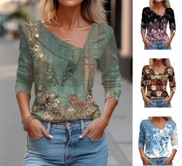 Women's Blouses Shirts 3D Floral Print Long Slve T shirt For Women Top 2024 Spring Autumn Casual V-neck Graphic T-shirt Female Ts Y240426