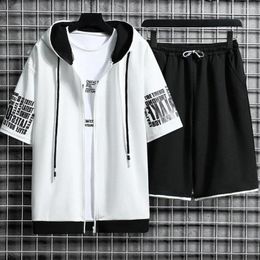 Men's Tracksuits 1 Set Cool Two Pieces Male Men Sportswear Loose Hooded Top Pockets Shorts Drawstring