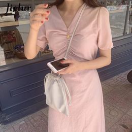 Casual Dresses Summer V-neck Pleated Slim Women's Dress Pink Black White Midi Femme Short-sleeve Bodycon For Women