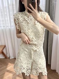 Women's Shorts Women Sequin Set Hook Flower Hollow Stand Collar Sleeveless Vest Or High Waist Elegant Summer 2024 Female Suit