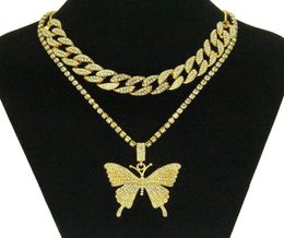 Hip Hop Iced Out Rhinestone Big Butterfly Pendant Necklace Cuban Chain Set for Women Statment Bling Crystal Animal Choker Jewelry6736765