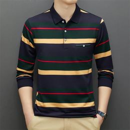 Mens Casual Stripe Plaid Long Sleeve Polo Shirt Fashion Solid Polo Top 240411