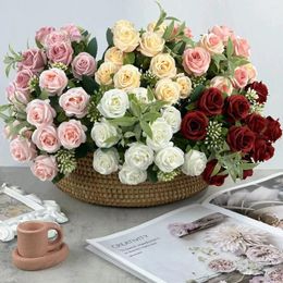 Decorative Flowers 10 Heads Rose Bouquet Artificial Flower Wedding Decoration Scene Display Floral Gift Pink White Camellia