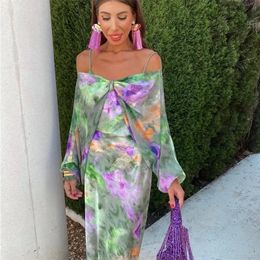 Bow Sling Print Top Two Piece Set Women Elegant Off Shoulder Print Lady Dress Suit Fashion Spring Hip Package Lady Suit 240426