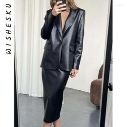 Work Dresses Two Piece PU Set Women Faux Leather Outfits Vintage Long Sleeve Single Button Blazer Jacket High Waist Slit Midi Skirt 2024