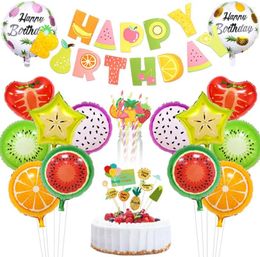 Party Decoration Fruit Birthday Decorations Happy Banner Paper Straws Cake Topper Foil Balloons For Girls Supplies