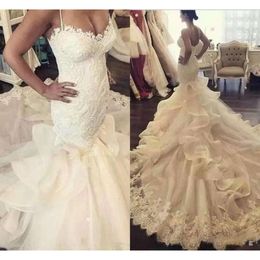 Treine Ruffles Chapel Cascading Sereia 2021 Vestidos de camada de camada de espaguete de espaguete de casamento personalizado vestido de noiva vestido de novia