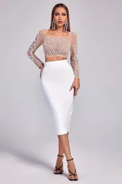 Work Dresses Two Piece Set Women Outfit 2024 Chic And Elegant Skirts Sets Elastic Long Sleeve Beading Crop Top Skirt Evening Party Cloth