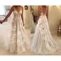 Dresses Line Gorgeous Sheer A Lace Applique V Neck Illusion Straps Backless Sweep Train Custom Made Wedding Bridal Gown Plus Size pplique