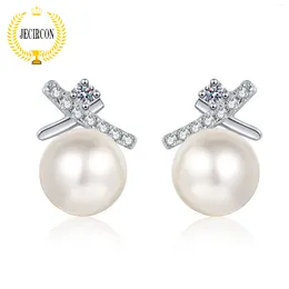 Stud Earrings JECIRCON 925 Sterling Silver For Women Cross Design Simple 7MM Pearl Studs 0.1 Carat Moissanite All-match Ear Jewelry