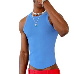Solid Color O Neck Mens Sleeveless Tank Top Summer Casual Vest Streetwear for Fitness Blue Polyester Material 240425