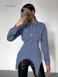 Women's Blouses YAMIKO Lapels Long Sleeves Fashion Women Shirts Blouse Tops 2024 Autumn Blue For With Irregular Hem