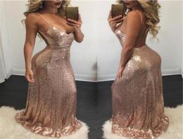 Backless SpaghettiStrap Sexy Mermaid Evening Dresses Rose Gold Sequins Prom Dresses Open Back Pageant Gowns Custom 2018 BA67424091612