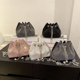 Diamond studded drawstring bucket bag for women 2024 new bright diamond water diamond full diamond bag popular high-end chain crossbody bag