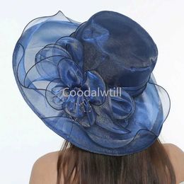 Wide Brim Hats Bucket Hats Spring Summer Organza Beach Hat For Women Wide Beach Sun Hats Outdoor Kentucky Derby Flower Headpiece Ladies Straw Chapeau Y240426