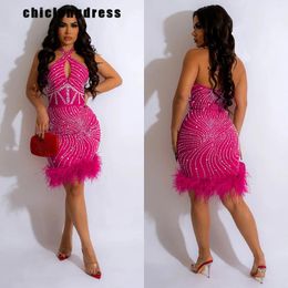 Casual Dresses Autumn Sexy Halter Diamond Party Dress Women Nightclub Style Backless Feather Tight Mini