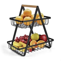 Storage Bags Baskets Metal Kitchen Detachable Fruit Basket Holder Portable Wooden Handle Double Layers Shelf Rack For Fruits Vegetable Dhhn6