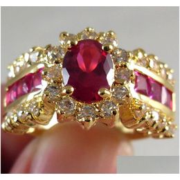 Band Rings Cute Female Big Purple Blue Red Oval Ring Crystal Yellow Gold Filled Wedding Jewelry Vintage Love Engagement For Women Dr Dhk1H