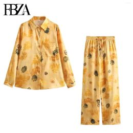 Women's Two Piece Pants FBZA Women Fashion 2pc Satin Texture Printed Shirt Single-breasted Lapel Pocket Chic Female High Waist Two-piece Set