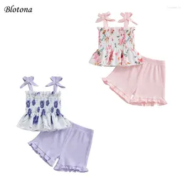 Clothing Sets Blotona Toddler Girl Shorts Outfit Floral Print Tie-up Tank Tops With Solid Colour Ribbed 2 Pcs Summer Clothes 6M-4Y