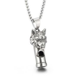 Gothic Wolf Head Whistle Necklace Pendant Casting Stainless Steel Rolo Chain Jewelry For Mens Boys Cool Gifts Silver Polished Blin314c