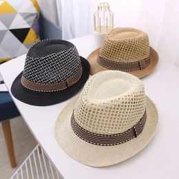 Wide Brim Hats Bucket Hats Childrens Summer Beach Str Hat Jazz Panama Baby Boys Mesh Sun Hat Solid Fedoras Ribbon Casual Childrens Cowboy C J240429