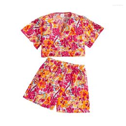 Clothing Sets 8-12T Kids Girls Shorts Set Flower Print Short Sleeve V Neck T-shirt With Summer Outfit