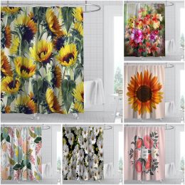 Set Digital Printing Suower Shower Curtain Floral Bathroom Curtain Fabric Waterproof Polyester Fabric Bathroom Curtain with Hook