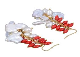 GuaiGuai Jewellery Natural White Cultured Keshi Pearl Red Rice Coral Hook Earrings For Women Lady Girl Gift Jewelry6649748