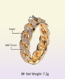 Men Women Hip Hop Cuban Link Chain Rings Cubic Zirconia 18K Gold Plated Iced Out Bling Bling Finger Jewellery 8mm Size 6116042501