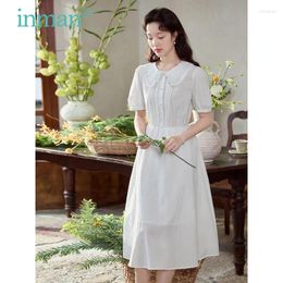 Party Dresses INMAN Women Dress 2024 Summer Puff Sleeve Lace Doll Collar A-shaped Loose Pure Cotton Comfort Beautiful White Mid-length Skirt