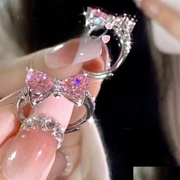 Band Rings 2024 Spring Summer Cute Pink Bow Butterfly For Women Girls Sweet Bowknot Charm Crystal Cz Zircon Diamond Luxury Designer Dhayx