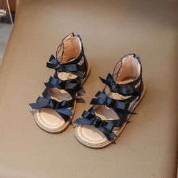 Sandals New Childrens Sandals Chic Bowtie Elegant Shoes for Girls Fashion Solid Color Kids Princess Causal High-top Roman Sandals Zip