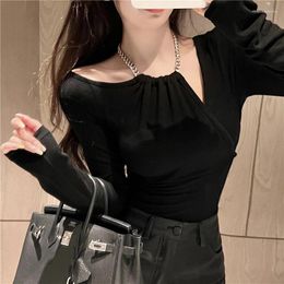 Women's T Shirts Long Sleeve Slim Fit Chain Halter Top Hollow Out Clavicle Pullovers Casual Tee Streetwear Tops Spring Summer