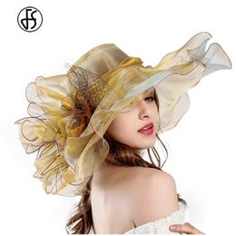 Wide Brim Hats Bucket Hats FS 2024 Fashion Summer Organza Kentucky Derby Hats For Women Elegant Ladies Wide Large Brim Church Wedding Hat With Big Flower Y240426