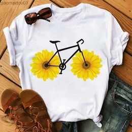 Women's T-Shirt Maycaurs New Interesting Bicycle and Sunflower Womens T-shirt Summer Harajuku Short sleeved White T-shirt Cartoon Casual Womens Top T-shirtL24029