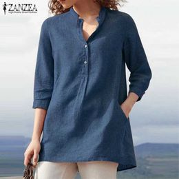 Camisas de blusas de túnica de túnica de grande porte feminino Blusa de verão Zanzea 2023 Camisas elegantes de botão casual Blusas f Feminino V Pescoço Tops sólidos Mulher Chemise Y240426