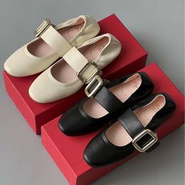 2024 Early Spring New Metal Buckle Leather Ballet Round Toe Comfortable and Versatile Flat Bottom Mary Jane Shoes