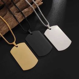 Pendant Necklaces Classic Simple Blank Tags Rectangle Stainless Steel Pendant Necklace for Men Army Soldier Mirror Polished Necklace Jewellery Y240420